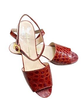 VINTAGE SALVATORE FERRAGAMO CROC-EMBOSSED SLINGBACK SANDALS